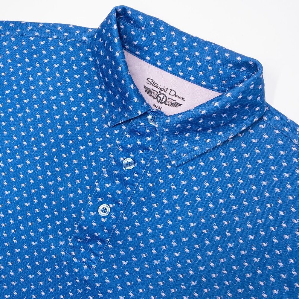 Straight Down Golf Polo Shirt Men's Medium Flamingo Print Wicking Stretch Blue